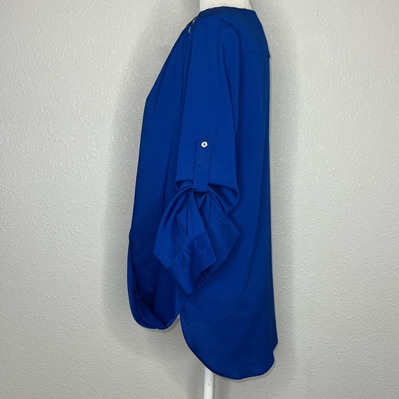 CALVIN KLEIN Cobalt / Royal Blue Faux Wrap
Silver Zipper Accents Chiffon Blouse - Picture 4 of 7